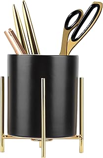 Sturdy Pen Holder Simple and elegant for Desk Matte Pencil Holder Ceramic Cute Desktop Organizer Brush Holder Cup (Black and Gold Plated)