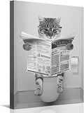 Funny Cat Canvas Wall Art Black and White Picture Prints Modern Bathroom Wall Decor Cat Sitting in Toilet Reading Newspaper Painting for Bathroom Toilet Washroom Animals Artwork Framed 12"x16"