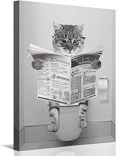 Funny Cat Canvas Wall Art Black and White Picture Prints Modern Bathroom Wall Decor Cat Sitting in Toilet Reading Newspaper Painting for Bathroom Toilet Washroom Animals Artwork Framed 12"x16"