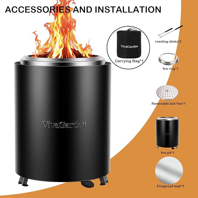 Portable Tabletop Fire Pit, VivaGarden Smokeless Table Top Fire Pit, Wood Burning & Pellets Outdoor Camping Stove with Carry Bag, Forks and Mat (9.7x7.1 Inch, Black)