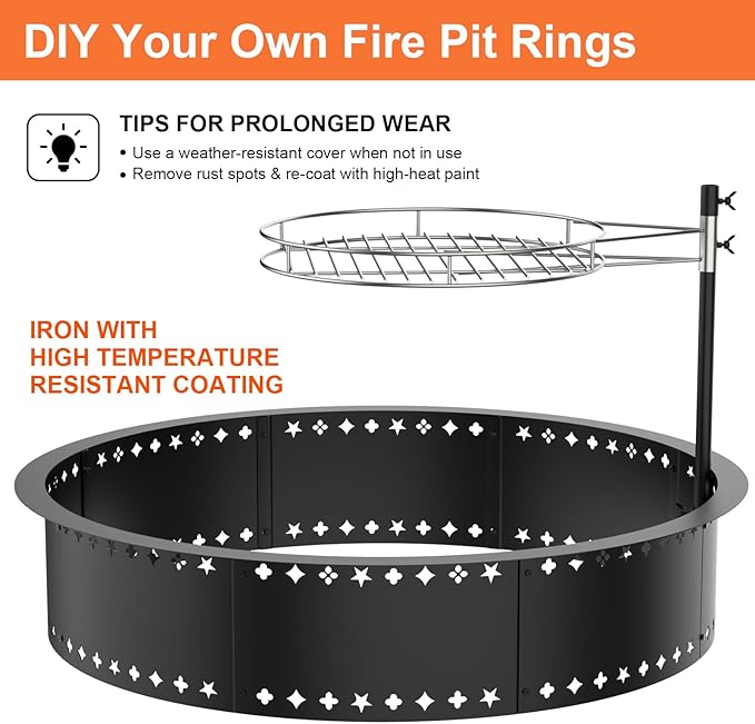 36inch Fire Pit with Grill, DIY Smokeless Firepit Bowl Metal Fire Rings for Outside, Large Round Smokeless Firepit Insert, Heavy Duty Carbon Steel Fire pits for Camping and Patio