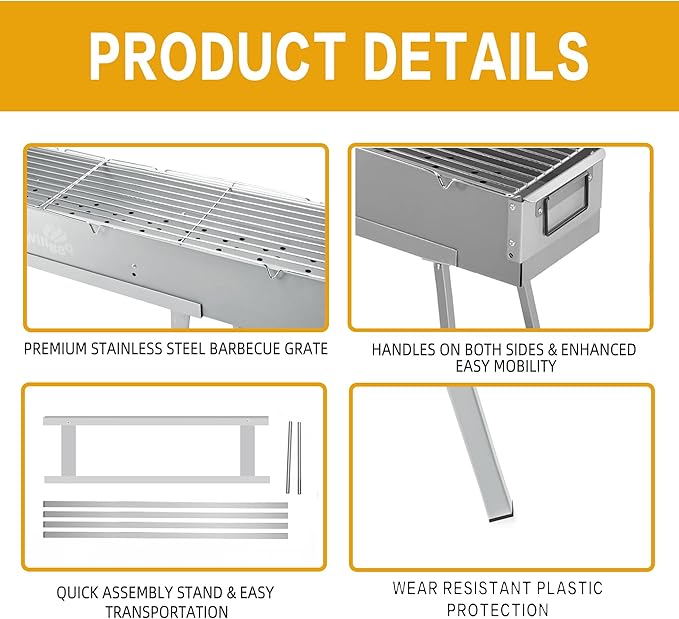 WILLBBQ Charcoal Grills Commercial Quality Portable Hibachi BBQ Lamb Skewer Detachable‌ Camping Barbecue Grill for Backyard Outdoor Cooking Use(39.4x7.1x5.1 inch With Accessories)