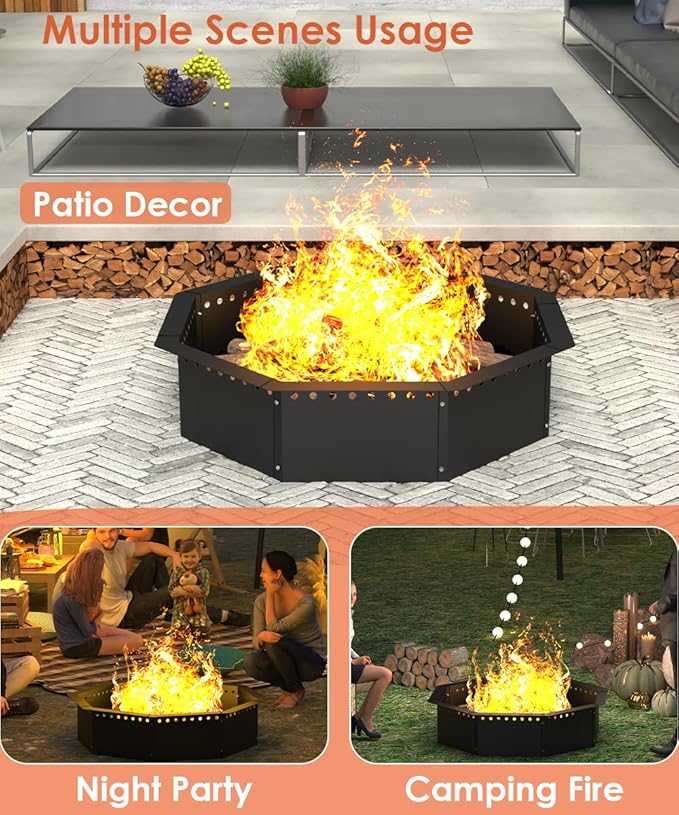 Mocomax Smokeless Fire Pit Ring 35-Inch Outer 31-Inch Inner Diameter, Large Solid Steel Firepit Liner for Outside Wood Burning, DIY Campfire Ring Above or In-Ground for Outdoor, Octagonal