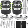 18-Pcs Camping Cookware Mess Kit for 2, Non-Stick Lightweight Pot Pan Set with Stainless Steel Cups & Plates, Folding Utensils with 3 Storage Bags for Emergency Prep, Hiking, Picnic