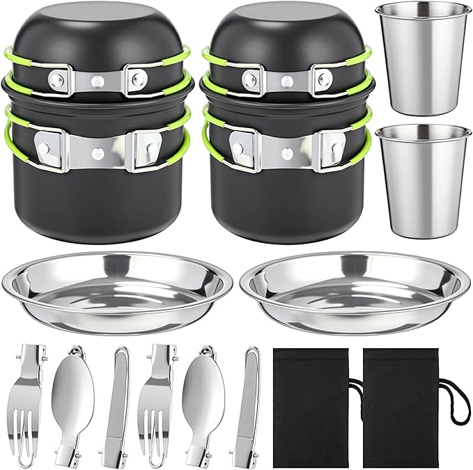 18-Pcs Camping Cookware Mess Kit for 2, Non-Stick Lightweight Pot Pan Set with Stainless Steel Cups & Plates, Folding Utensils with 3 Storage Bags for Emergency Prep, Hiking, Picnic