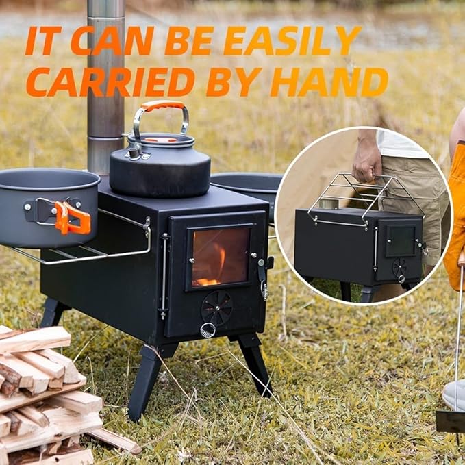 Hot Tent Stove,AVOFOREST Wood Burning Stove,Small Wood Stove with 7 Stainless Chimney Pipes for Outdoor Heating & Cooking, Ice Fishing, Hunting