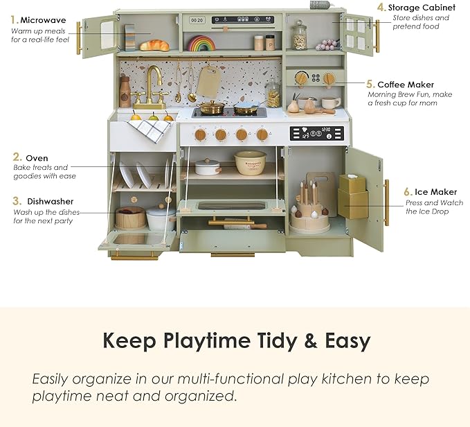 Kids Wooden Play Kitchen Set – Realistic Pretend Play Kitchen with Stove, Sink, Coffee Maker, Ice Maker & 15 Fun Accessories | Montessori-Inspired Toy Kitchen for Toddlers Ages 3+