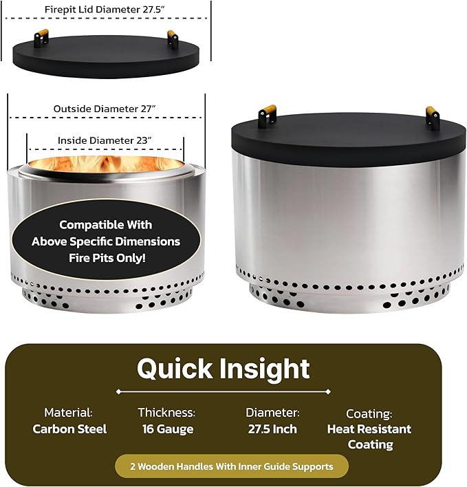 27.5" Round Metal Fire Pit Cover Lid – Heavy-Duty Steel Fire Pit Top for Outdoor Use, Fire Table Lid for Gas or Wood Firepits with Heat-Resistant Coating