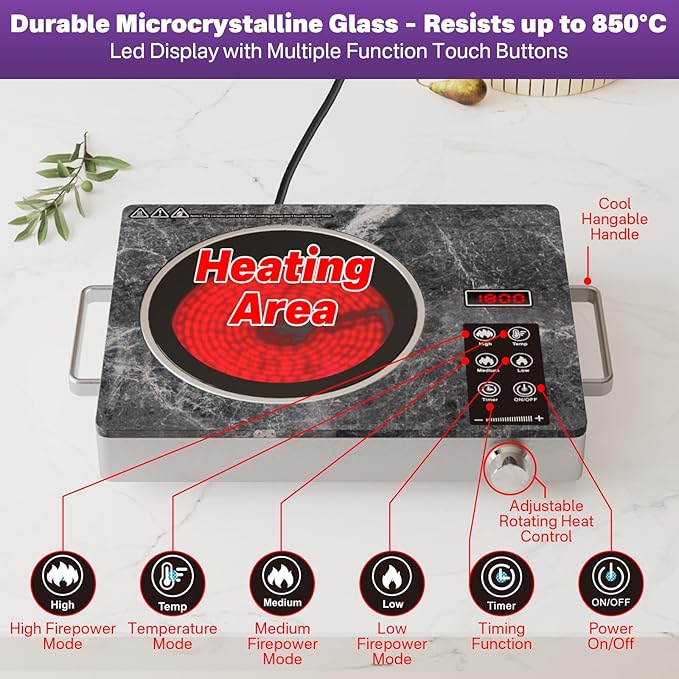 1800W Single Burner Electric Cooktop, Portable Infrared Ceramic Hot Plate with Marble Glass, Touch & Knob Control, Plug-in Stove for All Flat Cookware