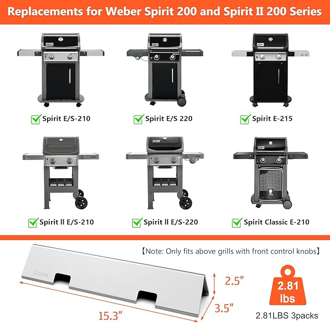 SUS304 Stainless Steel Flavorizer Bars for Weber Spirit 200 & Spirit II 200 Series, Spirit 2 Grill Parts for Weber Spirit II E-210, Spirit E-210, 15.3" GS4 Replacement Parts for Weber 67045 7635