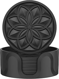 HFHOME Silicone Coasters Set with Holder - 6 Pack Drink Coasters for Coffee Table, Bar, Desk - Tabletop Protection Gift - Black