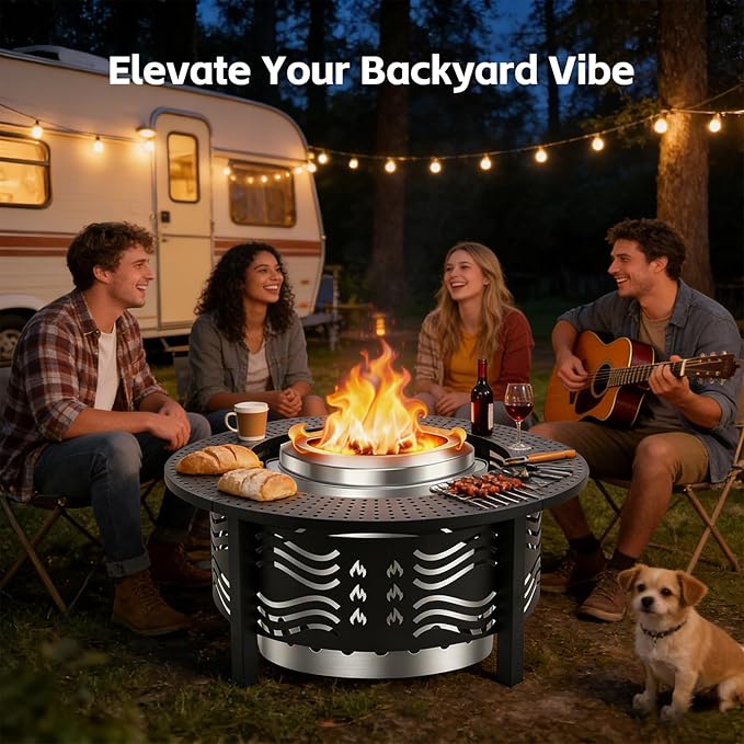 36" Fire Pit Surround Tabletop for Solo Stove, 360° Rotating Solo Stoves Table Top Fire Pit Guard, Fits Solo Stove Mesa & 19-24.5" Pits, Durable Steel for Party, Patio, Picnic