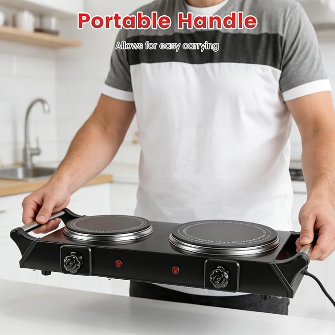 Electric Double Burner, Silicon Crystal Glass Hot Plate Cooktop with 5 Temperature Stepless Adjustments Portable Handles for RV/Home/Camp (Double Burner)