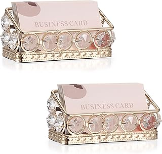Hipiwe 2 Packs Crystal Business Card Holder Gold Metal Business Card Display Holder for Desk Bling Office Desktop Business Card Storage Organizer with Mirror Base