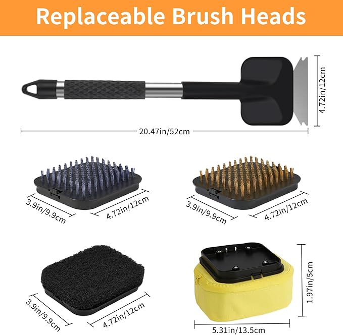 5 Pcs Bristle Free Grill Brush, Grill Cleaning Kit 20.47" Long Handle & Scraper & Replaceable Heads, Safe Grill Brush for Outdoor Grill for Any Grates Type, Grilling Gifts for Men Dad