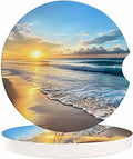 Small Car Coasters for Cup Holders 2.65" Absorbent 2 Pack Car Coaster Ceramic Stone for Drinks Absorb Water Drops Ocean Theme Sand Beach Wave Sea Water Pattern