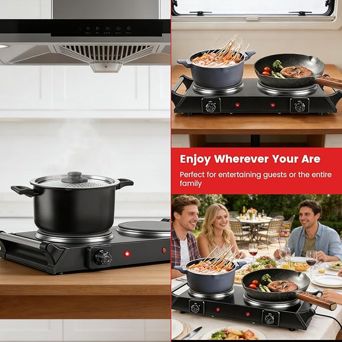 Electric Double Burner, Silicon Crystal Glass Hot Plate Cooktop with 5 Temperature Stepless Adjustments Portable Handles for RV/Home/Camp (Double Burner)