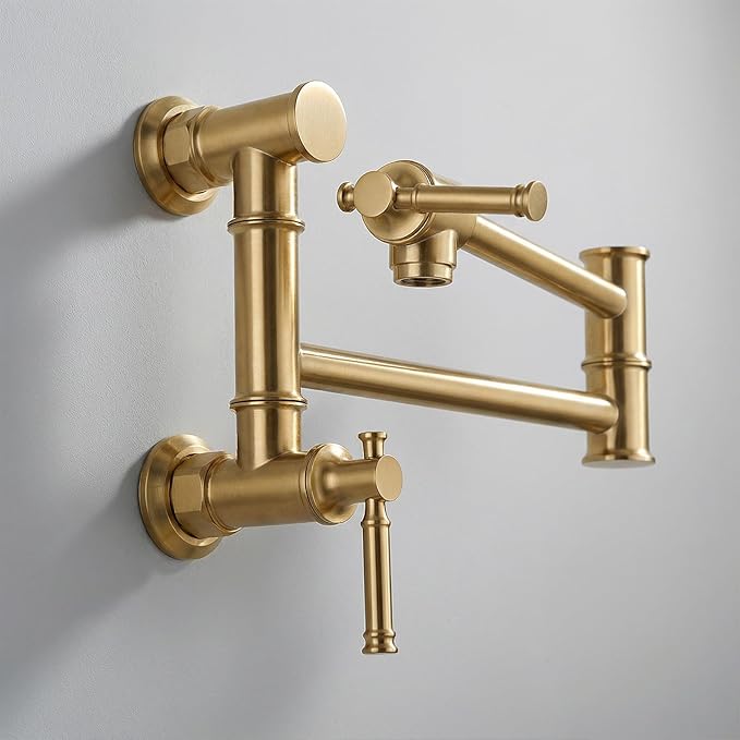 Brushed Gold Pot Filler, Lava Odoro Brass Pot Filler Faucet Two-Attachment Wall Mount Folding Kitchen Pot Filler Over Stove Pot Faucet Swing Arm, PF312-SG