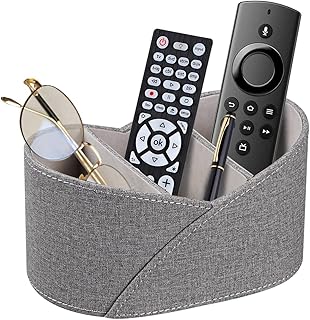 PU Leather Remote Control Holder with 3 Compartments, Modern Design Desk Accessories Workspace Organizer for Office/School/Home, Modern Nightstand Caddy Organizer for Makeup/Vanity/Stationery,Grey
