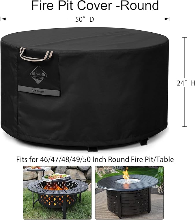 QH.HOME Fire Pit Cover Round Super Waterproof, 48" D X 24" H Outdoor Round Firepit Cover 600D Strong Tear Resistant, UPF 50+ Fire Pit Covers Premium Fading Resistant for Outdoor Fire Pit - Black