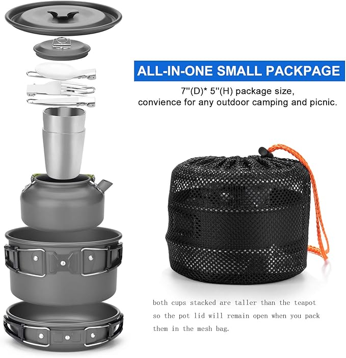 Odoland Camping Cookware Mess Kit, Lightweight Pot Pan Kettle with 2 Cups, Fork Spoon Kit Stainless Steel, gray for Backpacking, Outdoor Camping Hiking and Picnic
