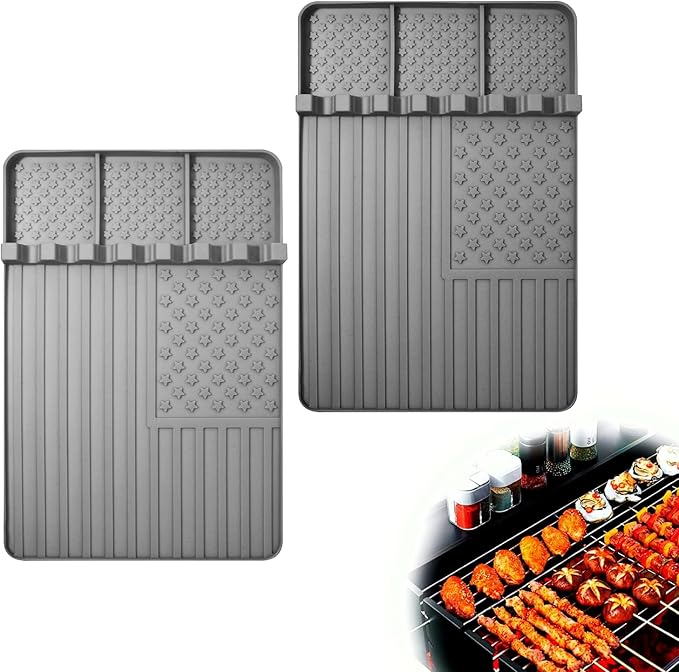 2 PCS Silicone Grill Mat Compatible with Blackstone, BBQ Griddle Tools Mat with Drip Pad, Spatula for Outdoor Kitchen Counter, Gifts for Men (Grey-2)