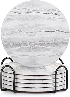 Acejoz Drink Coasters with Holder for Coffee Table, Absorbent Coaster Set of 6, Marble Style Ceramic Coaster for Wooden Table, Suitable for Kinds of Cups, Home Decor, 4 Inches