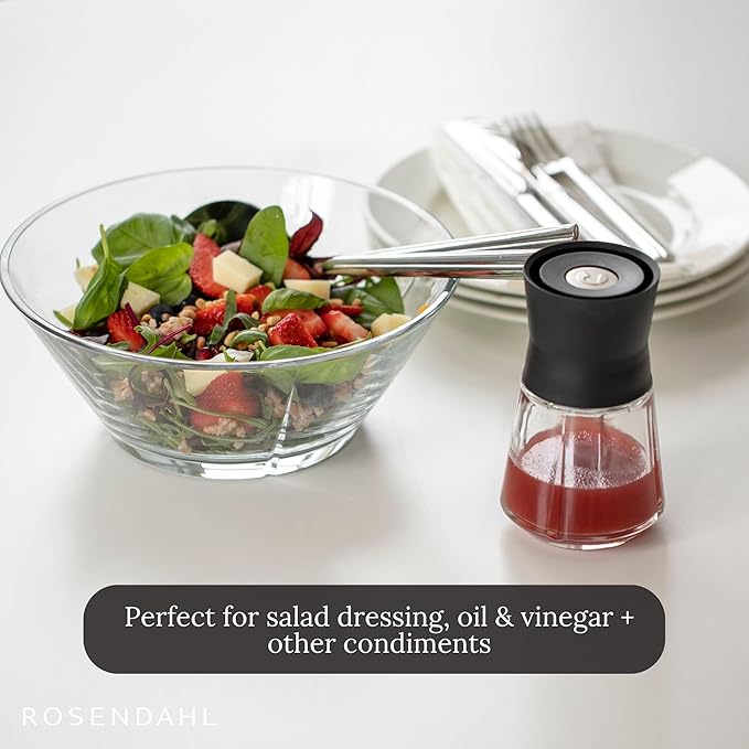 Rosendahl Grand Cru 8.5 Oz Dressing Shaker - Elegant Black Glass Container with Push-Button Lid, 360-Degree Spout for Easy Pouring, Leak-Proof, Multifunctional Kitchen Essential for Homemade Dressings