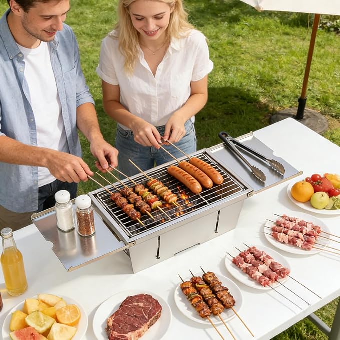 Portable Grill, Uten Stainless Steel Foldable Charcoal Grills with Condiment Plates, Carry Bag, Lightweight & Heat Resistant, for Camping, Tailgating, Beach BBQ (15.3" x 8.7")