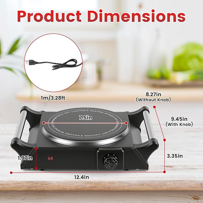 1000W Electric Single Burner, Silicon Crystal Glass Hot Plate Cooktop with 5 Temperature Stepless Adjustments Portable Handles for RV/Home/Camp (Single Burner)