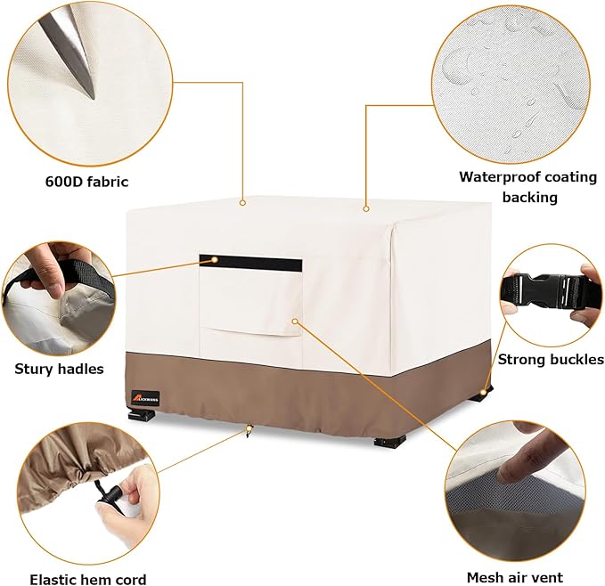 Fire Pit Cover Square, Outdoor Heavy Duty Durable 600D 100% Waterproof Tear-Resistant 28-30 Inch Fire Pit Cover, Patio Fire Pit Table Covers, Beige 30" L x 30" W x 25" H