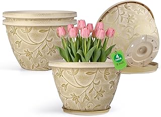 Nooulap 8 Inch Plant Pot with Drainage Hole, 4 Pack Plastic Flower Pot for Indoor Outdoor Plants, Decorative Small Planter for Desk, Balcony & Garden (Beige)