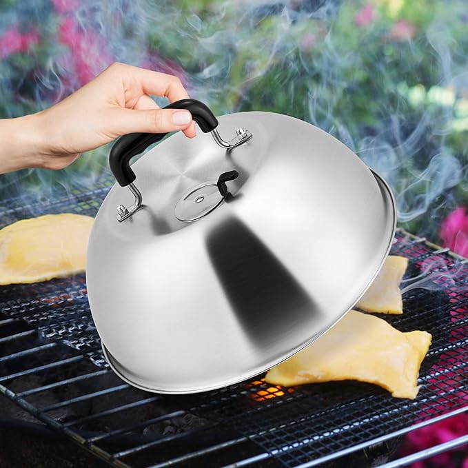 Leonyo Cheese Melting Dome Set of 2, Stainless Steel 12 Inch Round Steaming Basting Cover with Adjustable Vent, Professional Heavy Duty Melting Dome Lid Griddle Accessories for Teppanyaki Flat Top