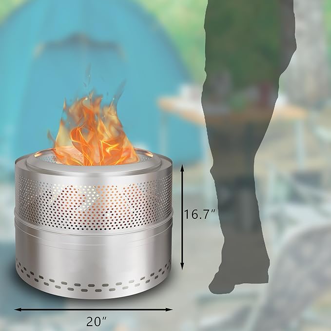 Smokeless Firepit Bonfire 20", Outside Wood Burning Metal Stove Stainless Steel Fire Pit with Carry Bag, Portable Camping Propane Patio Backyard, Easy Setup & Cleaning (Silver)