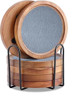 Acacia Wood Coasters for Drinks, HALE OTEIR 4.13 Inch Felt Wooden Coasters for Coffee Table Absorbent Set of 6 with Holder, Natural Wood Stackable Reusable Coasters for Home Office Coffee Bar Table