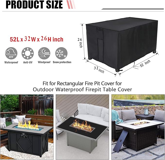 Fire Pit Cover Rectangular 52 Inch,Propane Gas Fire Pit Table Cover,Outdoor Waterproof Firepit Table Cover - 52 x 32 x 26 Inch