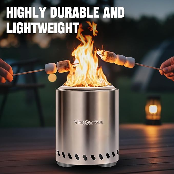 9.7 x 7.1 inch Tabletop FirePit, VivaGarden Portable Fire Pit Outdoor, Wood and Pellets Burning Camping Stove with Carry Bag, Forks, Mat and Pot Stand (Silver)