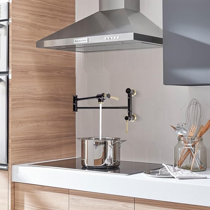 Lava Odoro Matte Black and Brushed Gold Pot Filler, Two-Attachment Wall Mount Pot Filler Faucet Black and Brass Folding Kitchen Pot Filler Single Hole with Double Joint Swing Arm, PF312-GB