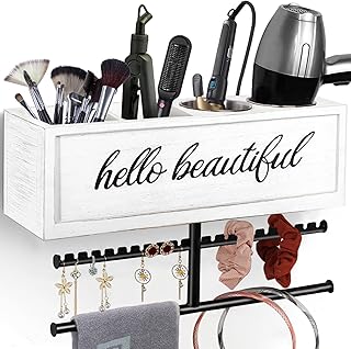 Rustic Hair Dryer Holder Wall Mounted,Hair Styling Tools & Accessories Organizer,Bathroom Supplies & hot Tools vanities Organizer Caddy,for Storage Flat Iron,Blow Dryer,Curling Iron (White)