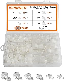ISPINNER 180pcs Nylon Plastic R-Type Cable Clamps, 1/4" 5/16" 3/8" 1/2" 5/8" 3/4" Clips Fasteners Assortment Kit for Cable Conduit (White)