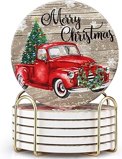 6 Pcs Red Truck Christmas Coasters with Holder Best Absorbent Ceramic Coaster Set Round Vintage Drink Christmas Coasters Gift Xmas Holiday Coffee Table Cup Coaster for Festival, Decor, Living Room