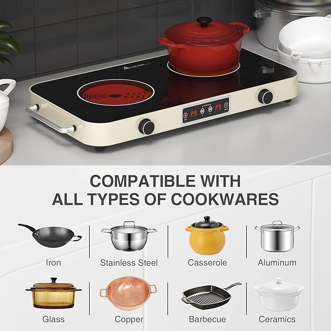 ANHANE 2200W Electric Cooktop 2 Burners: 12 Inch Portable Hot Plate Electric Stove Top - 110V/120V Double Burner Countertop with Timer, Knob Control, 9 Heating Levels, for All Cookware