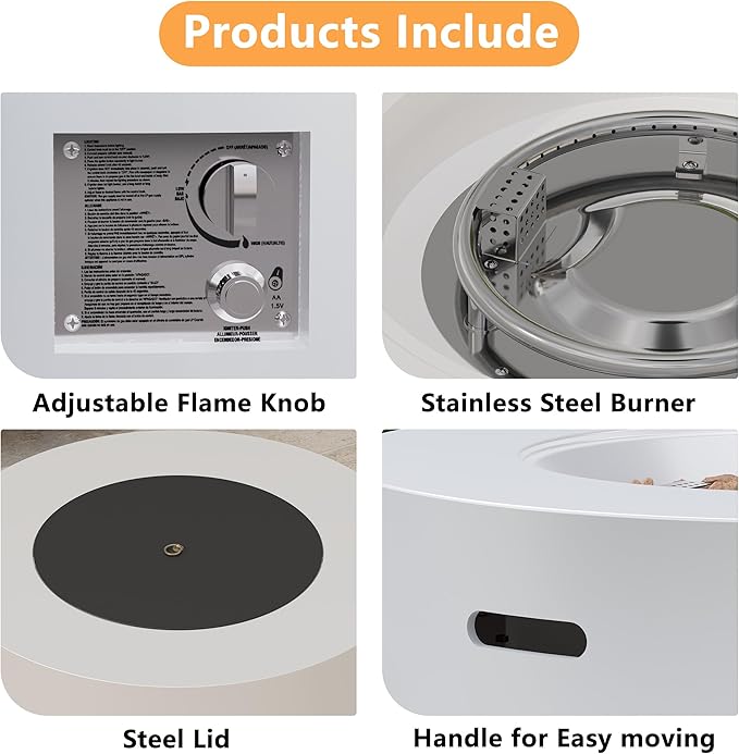 32.5 inch Round Propane Fire Pit, 50000 BTU Gas Fire Pit Table with Steel Lid, Waterproof Cover, 10ft Gas Hose & Gas Tank Base, Lava Rocks, White
