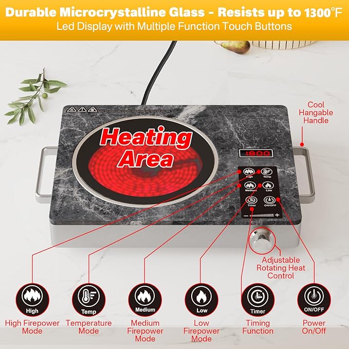 Alemania Single Burner Ceramic Cooktop, Portable 1800W Electric Stove, Countertop Burner for Cooking, Plug in Kitchen Hot Plate, Temperature Adjustable Compact Hob Camping Stoves