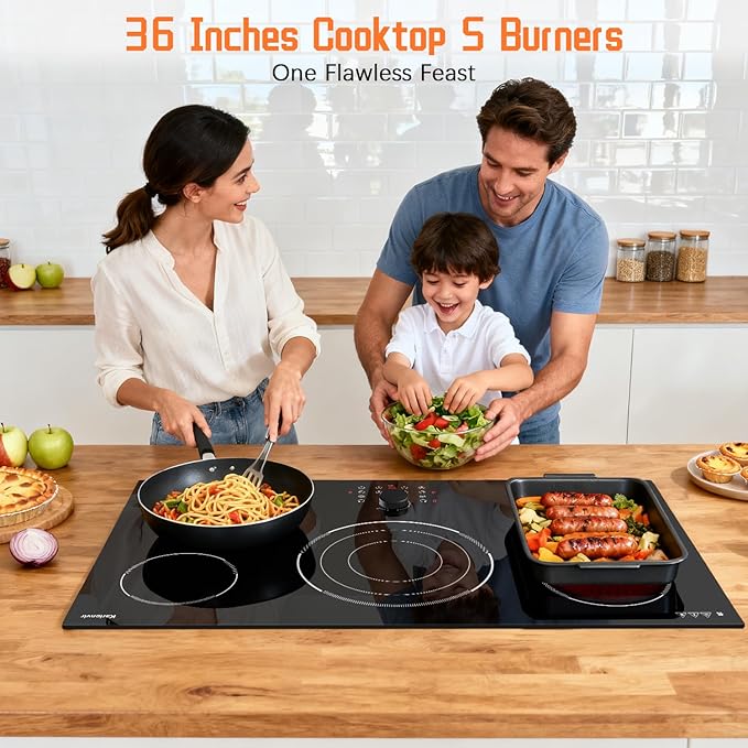 36 Inch Electric Cooktop, 5 Burner Stove Top 9600W, Built in Electric Cooktop 36", Magnetic Knob, Three-ring Burner & BBQ, Timer, Safety Lock, Pause, 220V-240V Hard Wire (No Plug)
