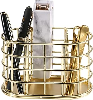 Pen Holder, 3 Compartment Metal Pencil Holder Stationery Organizer, Decorative Desktop Storage Holder for Office Supplies, Gold