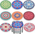 Newk Ceramic Absorbent Coasters - Set of 8 with Metal Holder, Bright Colorful Mandala Patterns for Coffee Table, Great Housewarming Gifts