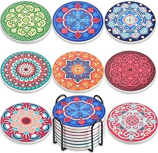Newk Ceramic Absorbent Coasters - Set of 8 with Metal Holder, Bright Colorful Mandala Patterns for Coffee Table, Great Housewarming Gifts