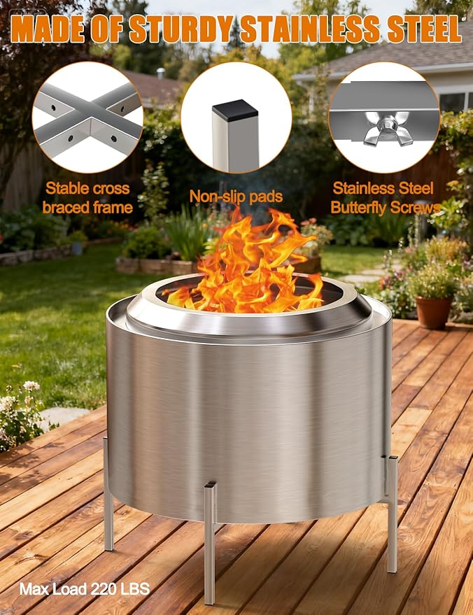 15-27 Inch Stainless Steel Fire Pit Stand, Adjustable 2 Height Base for Solo Stove Accessories, 220LBS Sturdy Firepit Stand for Patio Camping Backyard