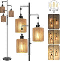 Hotsonic 72" Tall Boho Rattan Style Floor Lamp with Hand-Woven Paper Cord Shade, Dimmable Industrial Tree Standing Lamp for Living Room, Bedroom, Study Room, Office (3 x 800LM Bulbs Included) - Black